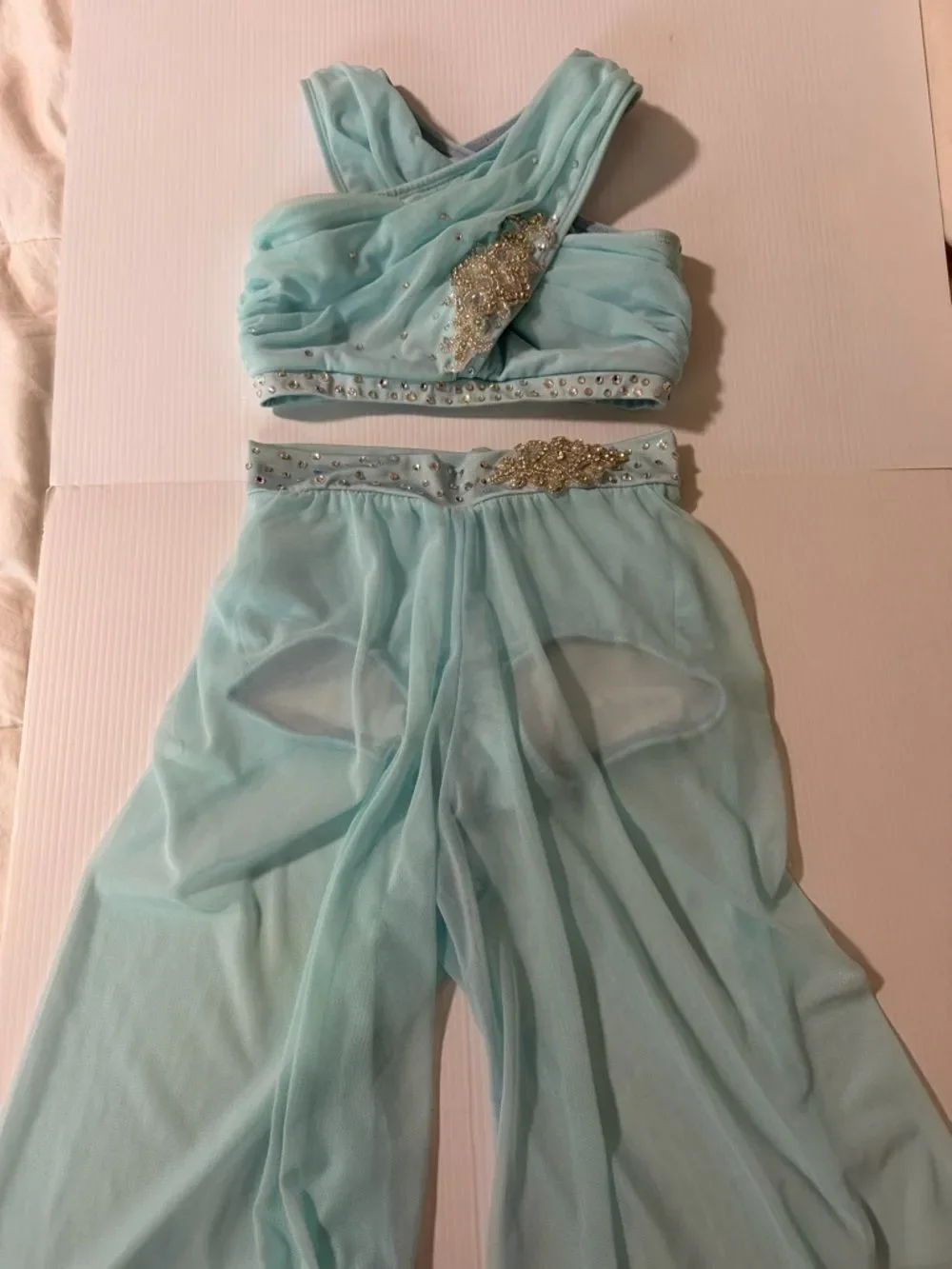 The Line up solo dance costume 2 piece blue wide leg illusion XXS adult